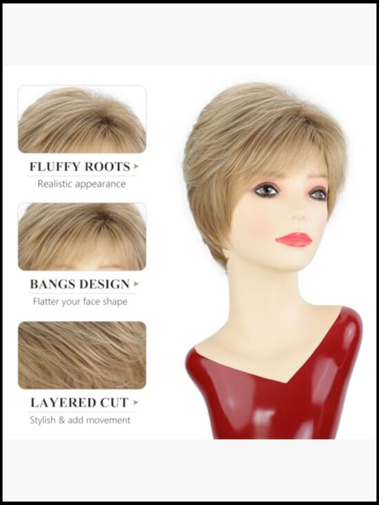 Short Mixed Blonde Wigs with Bangs for White Women Layered Pixie Cut Wig main image 6